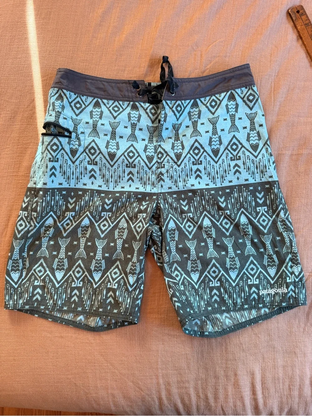 Patagonia Aqua and Charcoal Fish-Pattern Swim Board Shorts